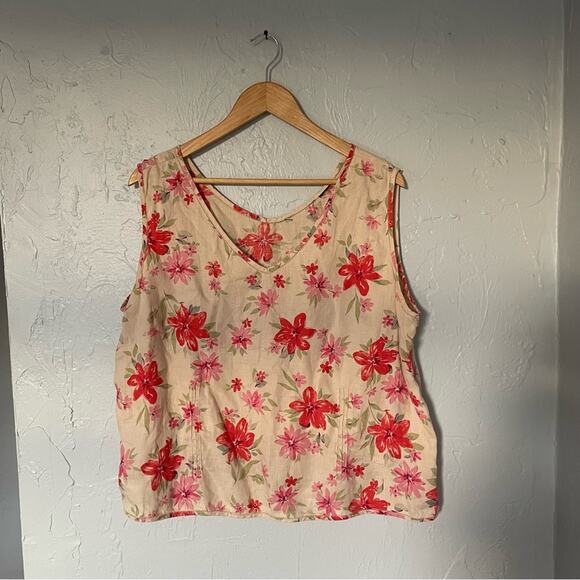 Eddie Bauer Linen Floral V-Neck Sleeveless Blouse - Red and Pink size Large - Picture 1 of 6